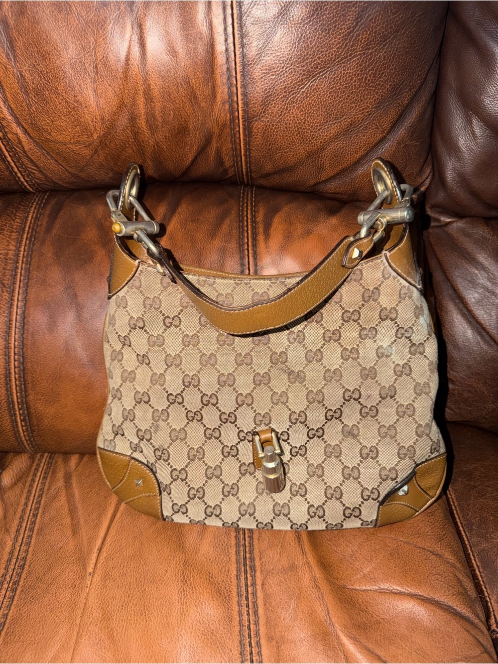 Gucci Tan/Brown GG Supreme Canvas Hobo Bag with Leather Trim